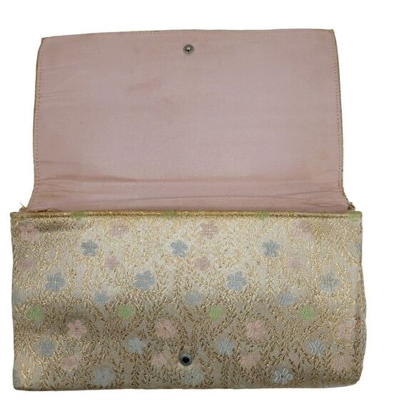 Vintage 60's Majestic Clutch Formal Metallic Gold Brocade Jacquard Pastel Floral - Picture 6 of 12